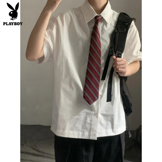 花花公子dk制服衬衫男短袖套装日系复古学院风jk男女班服宽松薄款衬衣 免烫白短袖衬衫+西裤 L 收藏领带