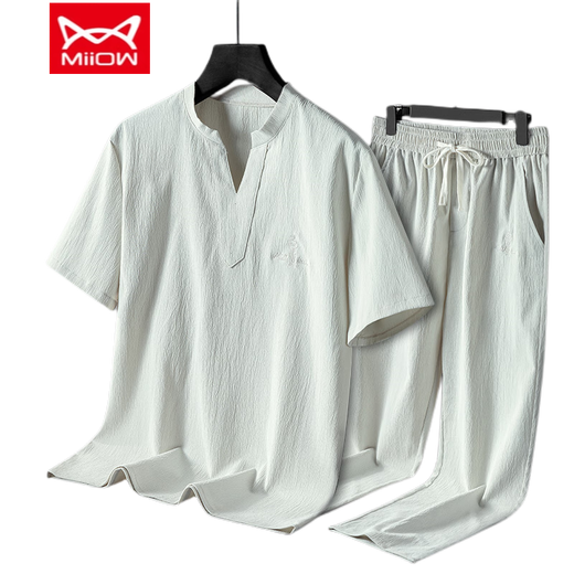 Catman (MiiOW) men's pajamas summer ice silk cool short-sleeved trousers new style can be worn on the outside summer large-size home clothing set 9906 black [short sleeves + shorts] set 3XL [140-155Jin [Jin equals 0.5 kg]]