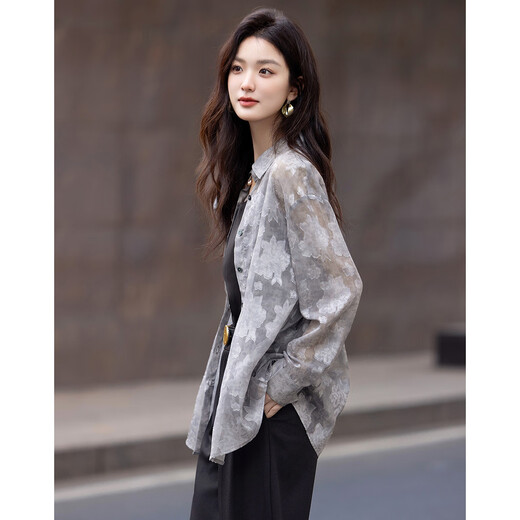 Demana Time Mirror Flower Autumn textured lapel burnt flower shirt art blooming loose comfortable shirt women's top