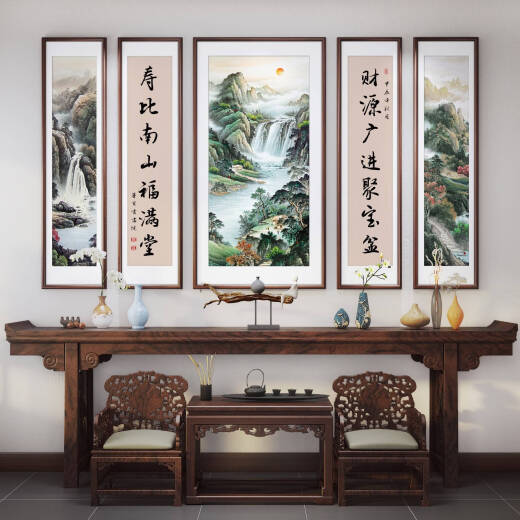 CLCEY寓意好中堂画新中式大气农村堂屋挂画五联别墅客厅自建房山水 下福买贵退差价售后无 中间14070+4个14030cm实木