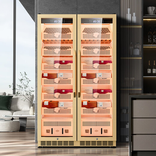 Kelong 680C cigar cabinet with constant temperature and humidity, precise frequency conversion, cedar wood liner and shelf, WiFi smart IoT control, air-cooled water ion ammonia removal compressor, cigar and red wine dual-purpose cabinet, rose gold luxury accessories, clean ammonia + WiFi + cedar wood liner and shelf, thick version (depth 680mm)