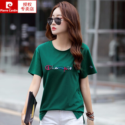Pierre cardin pure cotton loose short-sleeved T-shirt women's embroidered T-shirt large size half-sleeved fashionable mother 2025 summer new style 9922 blue S 90-110Jin [Jin equals 0.5 kg]