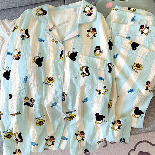 COLORFUL GEMS2025年新款企鹅睡衣女长袖长裤春秋款ins日系可爱卡通家居服夏季 3524#皱布双长企鹅 170 M【75-100斤】