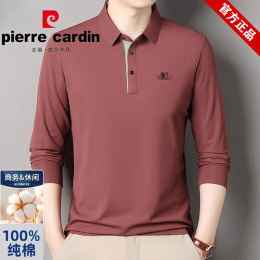 Pierre Cardin Langarm-T-Shirt für Herren, einfarbig, Frühling und Sommer, dünnes T-Shirt aus reiner Baumwolle mittleren Alters, Revers-T-Shirt, Top-Bottom-Poloshirt für die Arbeit, 6625 Rot, M 165, empfohlen 95–115 Jin Jin entspricht 0,5 kg