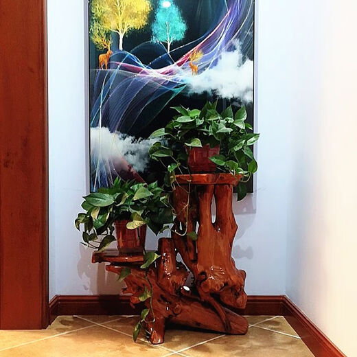 原木根雕花架树根天然摆件客厅多层盆景架鱼缸实木底座阳台 深卡其布色 16609
