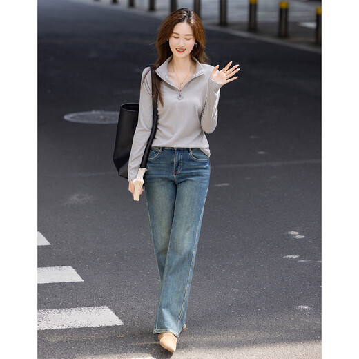 Demana Hanli Hanqi Autumn Private Collection Worker Wear Stand-up Collar Long Sleeve Comfortable Flesh-covering Casual Women's T-Shirt