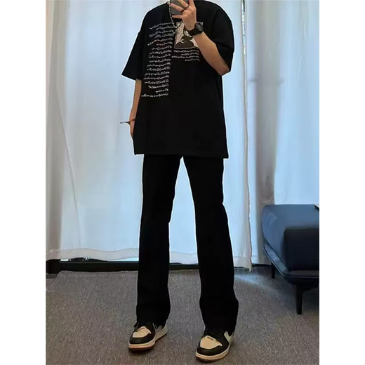 
7 high-end products, micro-flare jeans, men's spring and summer style, American high street loose casual slim straight-leg pants, men's DF-701 pure black L