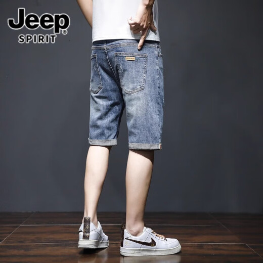 
JEEP SPIRIT Jeep denim shorts men's summer thin loose trendy brand five-point mid-pants Korean style trendy ripped elastic 5-point short 689 blue ripped model 38 [(2 feet 9) Weight 175-195Jin [Jin equals 0.5 kg]]