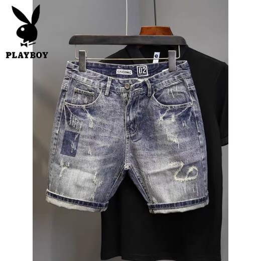 
Playboy (PLAYBOY) summer thin men's denim shorts trendy brand ripped 5-point Korean version trendy slim feet five-point mid-pants 9712 28