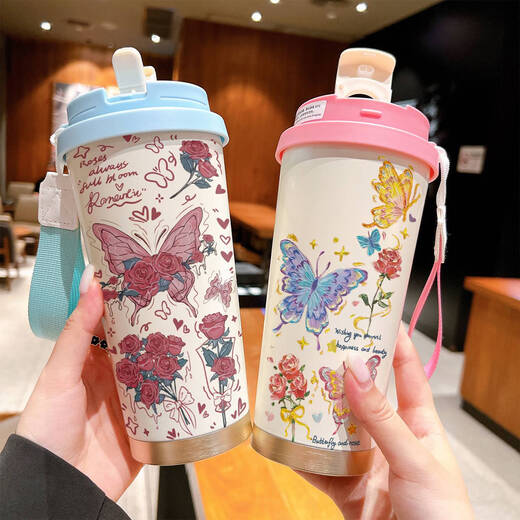 Yonghuan Butterfly Copa Termal de acero inoxidable Gran capacidad Paja Copa de agua portátil Girls 2025 Café de alta precisión BXAD6194 Cubierta de cerámica de 520 ml de 520 ml