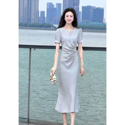 AEMAPE法式气质名媛高端2025浅蓝色连衣裙夏季女神范感端庄大气正式场合 浅蓝色连衣裙 XL 【建议115-125斤】