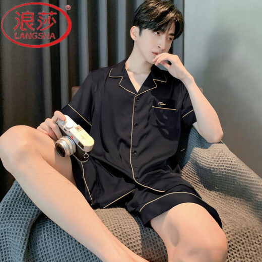 浪莎（LangSha）睡衣男夏季夏天薄款冰丝短袖休闲可外穿男士2025新款日常家居服套 12532【云朵棉绉布款】 L 建议身高170左右，体重100-130