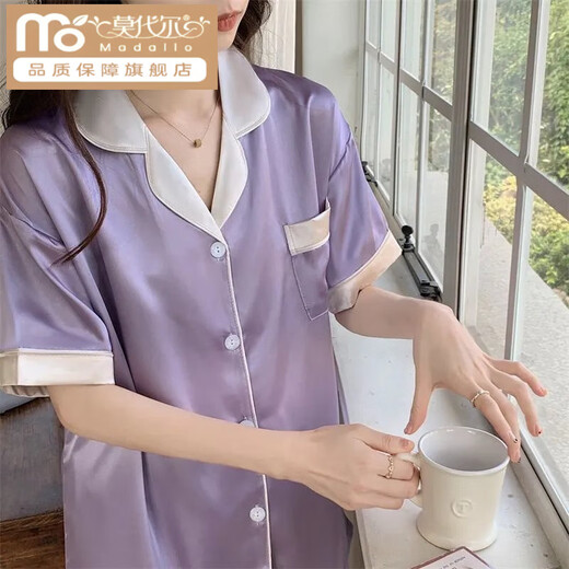 莫代尔ins风韩版简约冰丝睡衣女夏季短袖短裤套装少女丝 LW-9214【短袖短裤】 M 【建议80-100斤】
