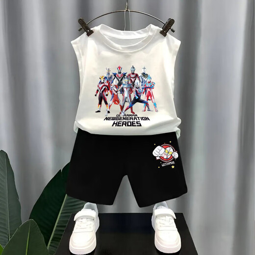 Snoopy Boys reine Baumwollhülsenweste Westeanzug für äußere Wear Ultraman Street Brat Street Boys Fünf-Punkte-Hose Zwei-teilige Fruchtgrüne Weste T983 + Schwarze Shorts T273 130 Empfohlene Höhe 120-130 cm