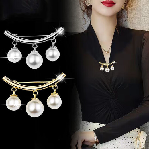 Bow Brooch for Women's Neck Anti-Exposed Pin Fixed Clothes Scarf Sweater Cardigan Accessories Three Beads Gold
