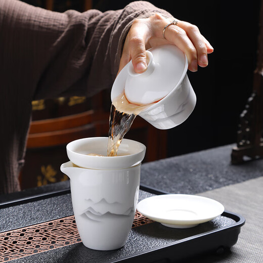 New mutton fat jade tea set set ink white porcelain gift teapot teacup home light luxury tea drinking ink tea bowl 10 heads with tea tray travel pack