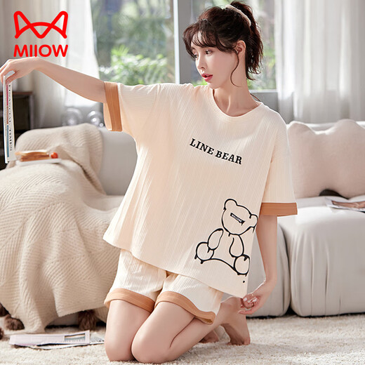
Catman (MiiOW) summer pajamas for women pure cotton cute thin student shorts spring and autumn two-piece suits for outdoor wear military green Y687 color M (recommended 75-95Jin [Jin equals 0.5 kg])