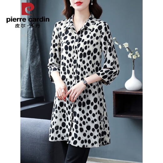 Piercadan en mousseline de mousseline mid-longueur pour le haut à manches de 7 quart pour femmes pour les mères d'âge moyen à la mode à la mode d'été porte un écran solaire 683-noir et un point blanc m recommandé 80-100jin [Jin est égal à 0,5 kg]