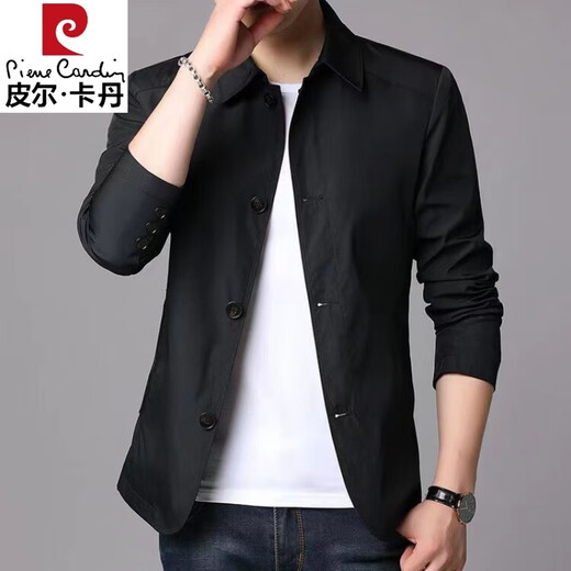 皮尔卡丹（pierre cardin）春秋季男士休闲夹克西装中青年纯色翻领薄款韩版修身风衣外套 浅灰色1048 M 【建议98-118斤】