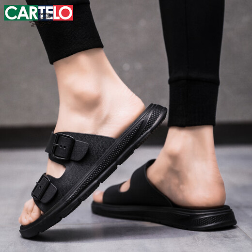 卡帝乐鳄鱼（CARTELO）拖鞋男夏季外穿爆款透气凉拖鞋男休闲一字拖沙滩鞋 黑色 40-41码