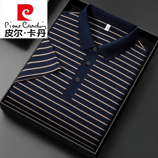 皮尔卡丹轻奢高端男士短袖T恤翻领夏季冰丝薄款中年条纹polo保衫上衣 13691#藏青 13691#藏青 XL 52建议140-155斤