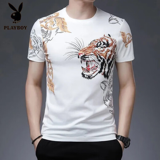 Playboy (PLAYBOY) Chinese style tiger head trendy men's short-sleeved T-shirt fashion printed large-size men's base shirt half-sleeved loose top 829 black letters M 165 [recommended 100-120 Jin [Jin equals 0.5 kg]]