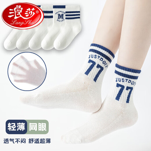 浪莎男童袜子夏季薄款儿童袜子春夏纯棉网眼袜学生数字条纹春秋款短袜 QH-695紫色系爱心花朵网眼袜5双 XL:建议脚长19-22CM鞋码32-36 均码