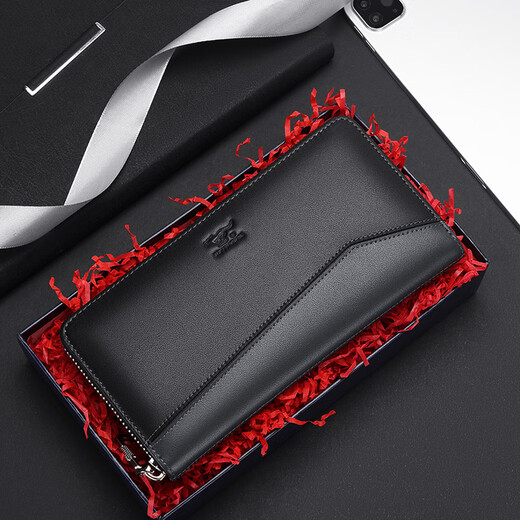 Sept wolves long portefeuille Top Layer Cowhide Zipper Men's Business Multi-carte Vêtements Vêtements Cadeaux pour les cadeaux de petit ami pour les pères 001 (noir) 105 mm * 200 mm