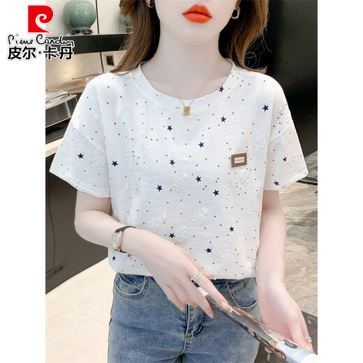 Pier Cardin reines Baumwolldruck-T-Shirt für Frauen kurzärmelige Sommer 2025 NEU LOOSSPRUCK DESIGN VERSATILE T-SHIRT TOP Trend 1396 Weiß + W7274 Löwenzahn M für 100-109jin [Jin gleich 0,5 kg] geeignet.