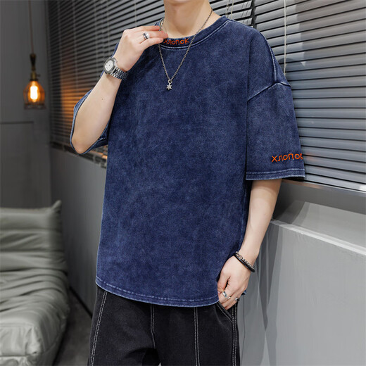 学子言搭配牛仔裤的水洗做旧t恤短袖男夏季牛仔短袖t恤男款宽松上衣水洗 K11949牛仔蓝 L 均码