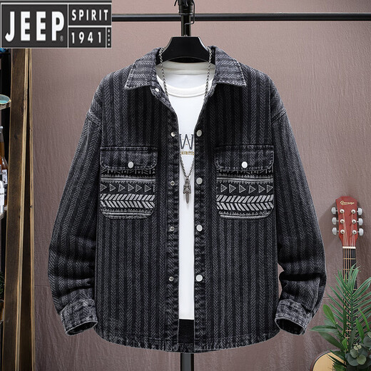 Jeep Spirit La chaqueta de mezclilla de la camisa de manga larga para hombres y la solapa de trabajo de gama alta de otoño, la marca de trabajo de moda suelta civil fina 6623 negro m 95-115jin [Jin es igual a 0.5 kg] se puede usar