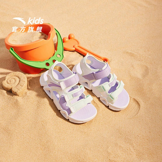 ANTA Children's Sandals Girls' Shoes 2025 Summer New Velcro Outdoor Arch Lingbo Open-Toe Beach Shoes Anta White/Fresh Purple-1 28 Shoe Inner Length 17.5cm