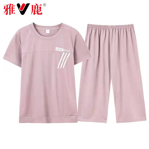 雅鹿高档妈妈睡衣薄款夏季纯棉短袖七分裤中年女士圆领全棉大码家居服 6626 【开衫套装】 XL 【120-140斤】