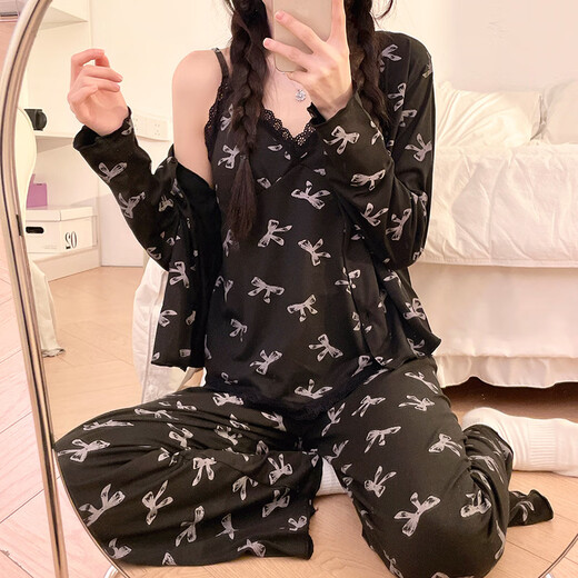 
RONGXITU Spring, Summer and Autumn Women's V-neck Long-sleeved Pajamas Home Clothing Set Can Be Used for Outdoor Leisure with Chest Paddy Paddy Paddy Paddy Pack Three-piece Set WX13803 Black (with Chest Pad) 170 M (80-100Jin [Jin equals 0.5 kg])