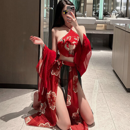 富伊熊新品情趣内衣性感古风汉服睡衣女调情免脱制服诱惑装激情床 红色汉服套装+9756镂空网衣套装 均码(建议80-130斤)
