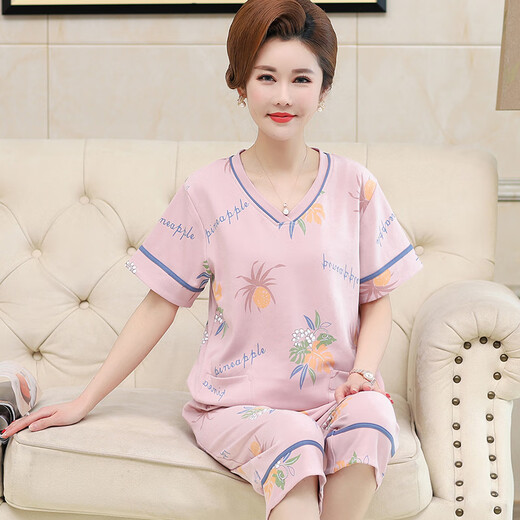 Langsha (langsha) middle-aged mother pajamas for women in summer thin pure cotton short-sleeved cropped pants middle-aged and elderly people's home clothes plus size suit Watermelon red YMY-3937 M [recommended 80-100Jin [Jin equals 0.5 kg]]