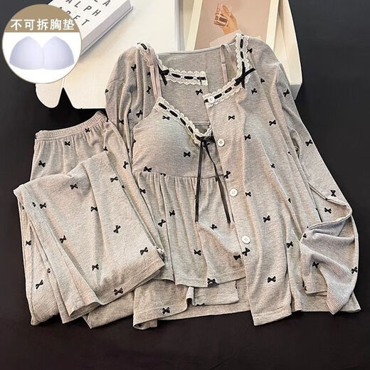 FHHUABD带棉垫睡衣女春秋季莫代尔保暖长袖灰色吊带蝴蝶结家居服三件套装 6621#.黑色 -莫代尔三件套 M 建议75-100斤