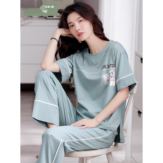 莫代尔睡衣女款夏季2025新款纯棉薄款宽松家居服短袖长裤休闲可外穿套装 芬腾可安7371 M 【建议80-105斤】