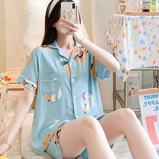 Modal Summer Cotton Seide Thin Pyjamas Strickjacke Kurzarm Shorts Loose Set Japaner Cartoon niedliche künstliche Baumwollhauskleidung Baumwolle Seiden-Strickjacken Frauen Doppel-3520 m 80-100Jin [Jin gleich 0,5 kg]