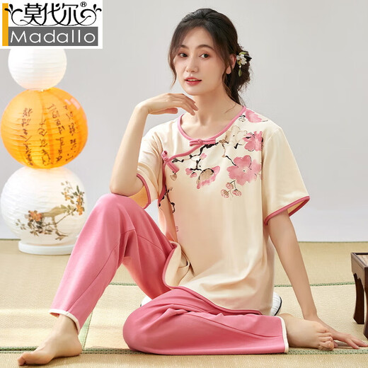 
Modal short-sleeved pajamas for women in spring and summer thin imitation cotton trousers new Chinese style summer women's home clothing set LZY9905 M (recommended 75-95Jin [Jin equals 0.5 kg])