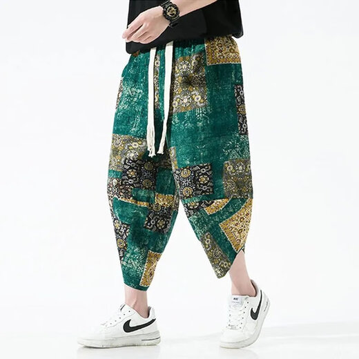 Wanjun Pantalon recadré pour hommes et ethnique chinois pantalons décontractés imprimés pantalons larges lâches