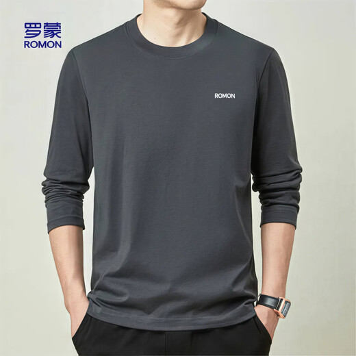 Romon long-sleeved T-shirt men's 2025 autumn solid color men's casual loose cotton bottoming shirt tops men's CT51 dark gray XL