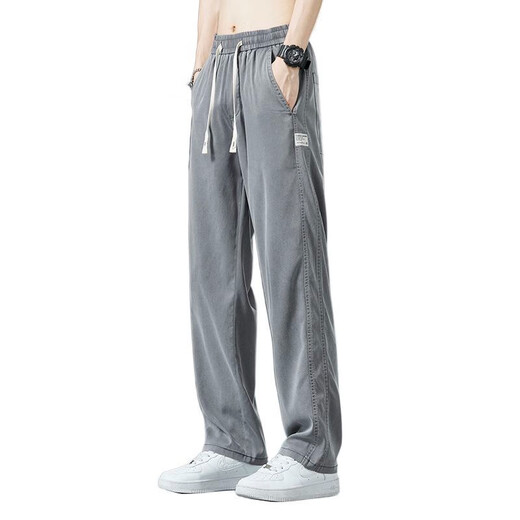 Sieben Wolfs-Lycel-Tennis-Freizeithosen für Männer im Sommer Dünn-Dial-Dial-Ice-Seidenjeans verfügen über lose Weitbeinhosen für Männer 1048 Grau (ein Stück) M Empfohlen 90-110jin [Jin gleich 0,5 kg]