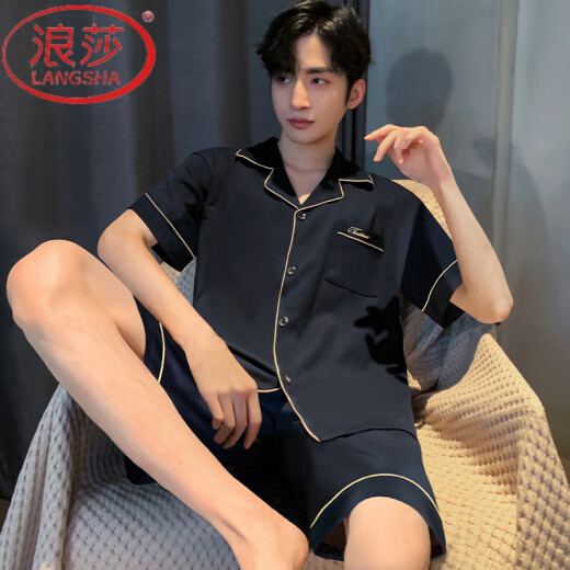 浪莎（LangSha）睡衣男夏季夏天薄款冰丝短袖休闲可外穿男士2025新款日常家居服套 12532【云朵棉绉布款】 L 建议身高170左右，体重100-130