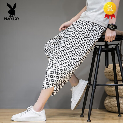 Pantalon de carotte Playboy Pantalon Harem Summer des hommes chinois Plaid Retro Casual Shorts à sept points Blooders Thin White + White T-shirt M 90 à 115 Jin [Jin est égal à 0,5 kg]