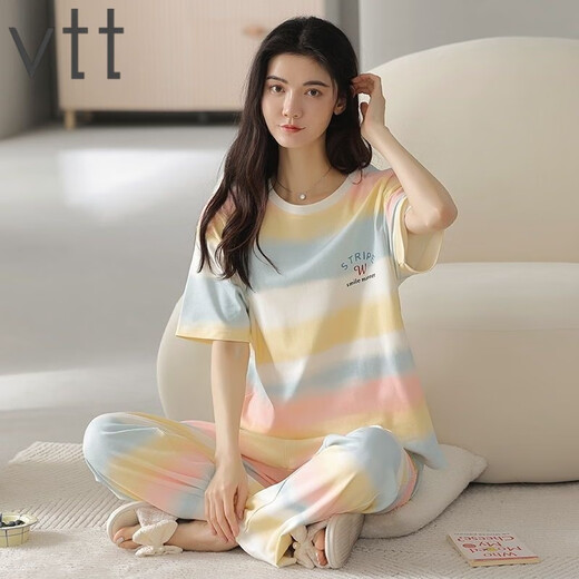 VTT睡衣女夏季纯棉短袖长裤薄款全棉夏天圆领家居服套装可外穿 V短袖长裤：YZT9721 M