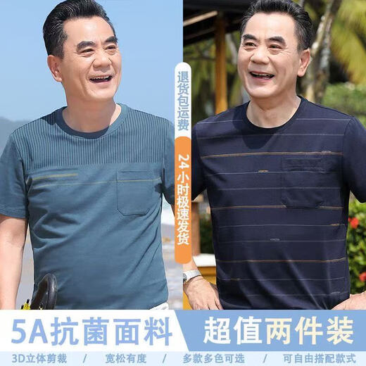 啄木鸟（TUCANO）父亲节爸爸夏装短袖t恤男中年男士圆领体恤衫中老年男装薄款上衣 690咖色+692湖蓝 L 【适合110-130斤】