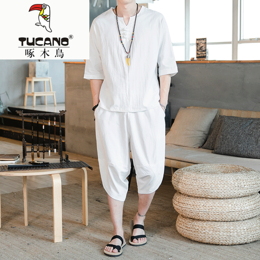 Woodpecker (TUCANO) summer linen casual pants for men for loose harem pants for Chinese style cotton linen short sleeve shorts suit cropped pants for men, dark gray W19 5XL (185-200Jin [Jin equals 0.5 kg])