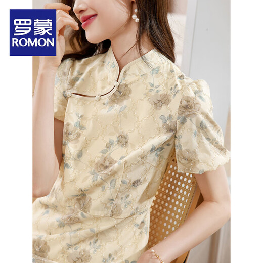 
ROMON Elegant Gold thread embroidered short-sleeved cheongsam skirt 2025 summer new style waist-hugging and slimming temperament elegant dress women's clothing 838 L