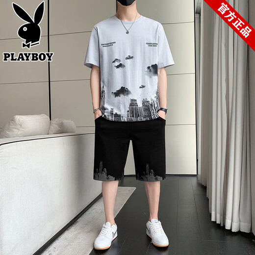 Playboy brand men's short-sleeved T-shirt in summer new trendy round neck ice silk fashion sports suit loose versatile shorts 22022+2099 black M